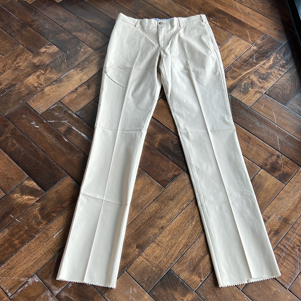 Frank’s pants made in USA trim fit plain front wheat size 35 unhemmed trouser